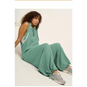 Tongmingyun Women’s Waffle Knit Wide Leg Overall Jumpsuit Bib Green Size L NWT